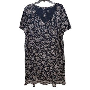 Pure Jill Buttoned Back T-Shirt Dress Size XL Petite Navy Blue White Floral Boho